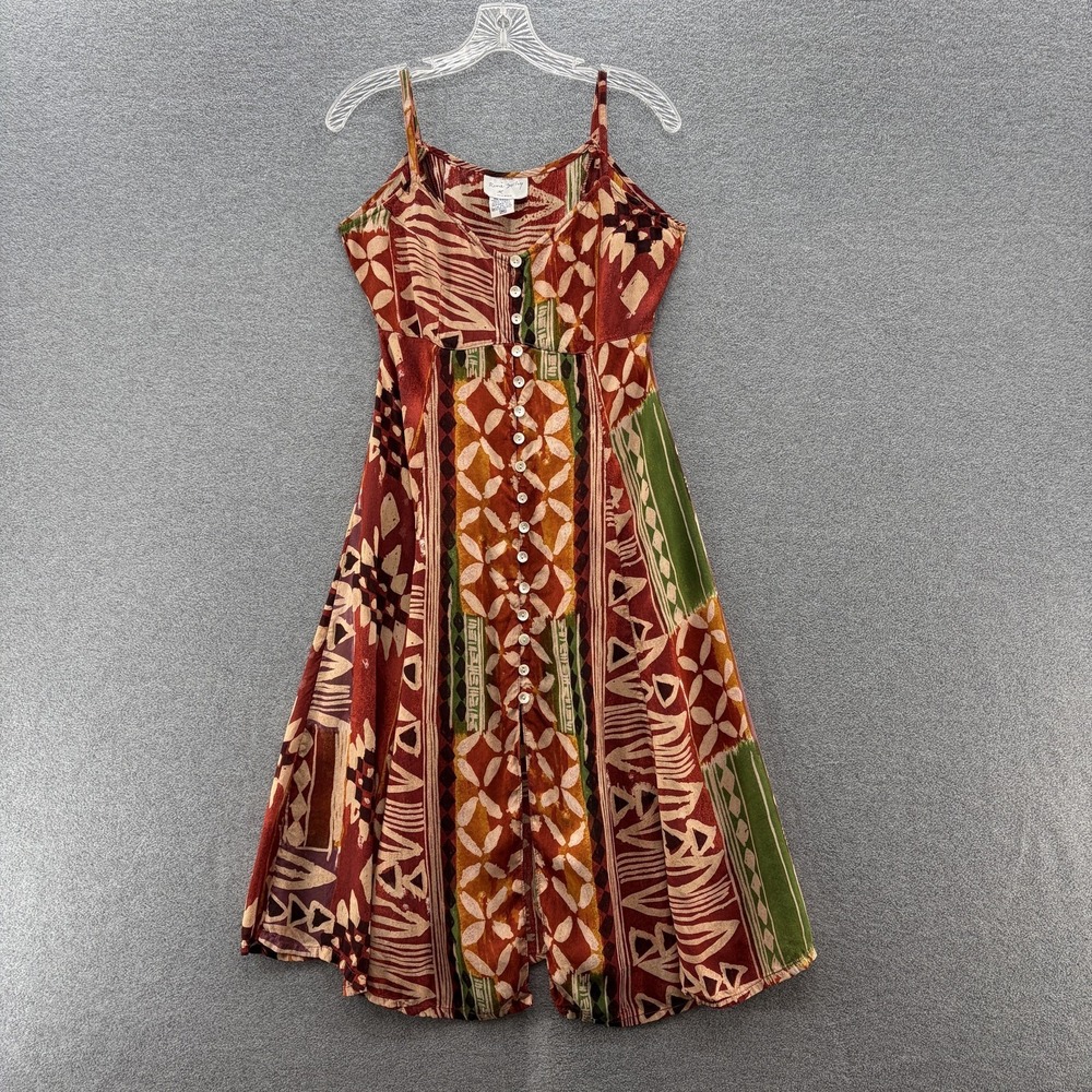 VTG Rene Derhy Dress Medium Red Batik Rayon Fit Flare Midi Boho Flowy Sundress
